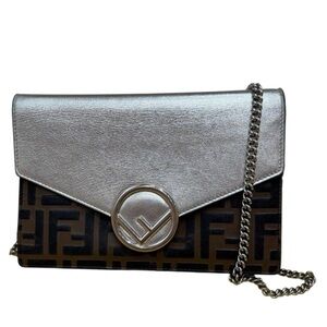 Fendi Zucca Embossed Silver Chain Bag with COA